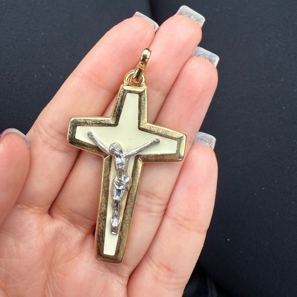 Gold Silver And Cream Cross Pendant
